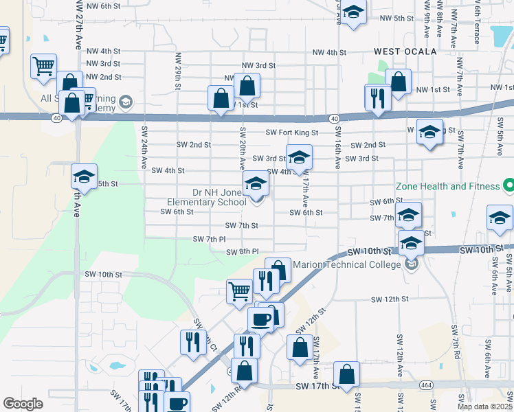 map of restaurants, bars, coffee shops, grocery stores, and more near 1900 Southwest 5th Street in Ocala