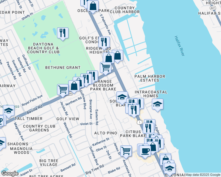 map of restaurants, bars, coffee shops, grocery stores, and more near 1672 Jones Street in South Daytona
