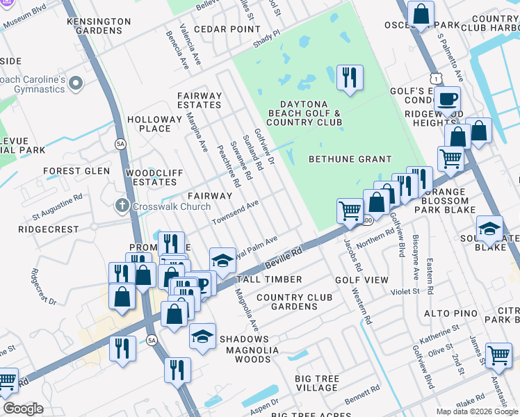map of restaurants, bars, coffee shops, grocery stores, and more near 1417 Suwanee Road in Daytona Beach