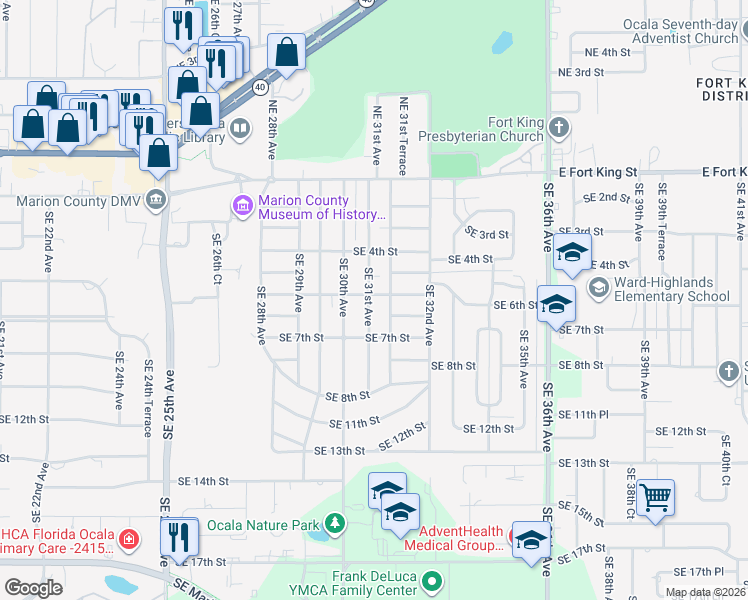 map of restaurants, bars, coffee shops, grocery stores, and more near 626 Southeast 31st Avenue in Ocala