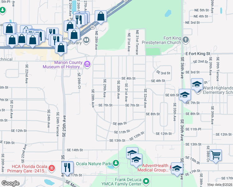 map of restaurants, bars, coffee shops, grocery stores, and more near 615 Southeast 29th Terrace in Ocala