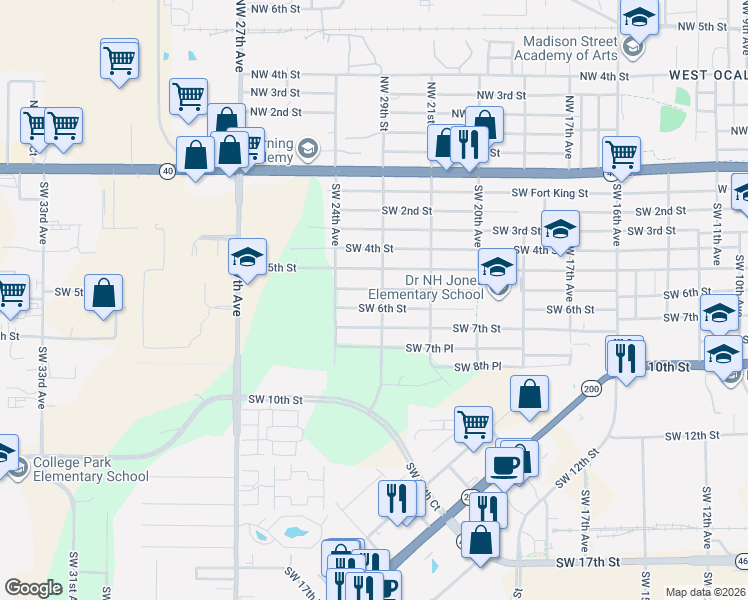map of restaurants, bars, coffee shops, grocery stores, and more near 2212 Southwest 6th Street in Ocala