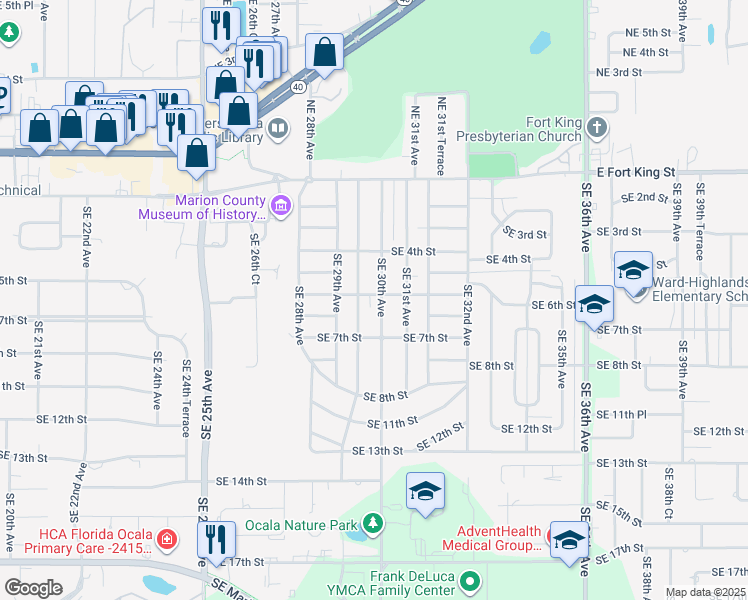 map of restaurants, bars, coffee shops, grocery stores, and more near 615 Southeast 29th Terrace in Ocala