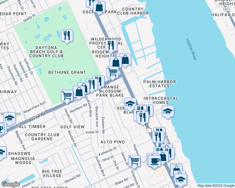map of restaurants, bars, coffee shops, grocery stores, and more near 333 Orange Blossom Drive in South Daytona