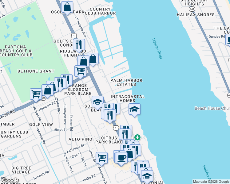 map of restaurants, bars, coffee shops, grocery stores, and more near 146 Bellewood Avenue in South Daytona