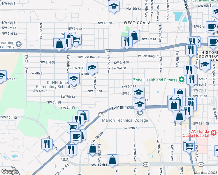 map of restaurants, bars, coffee shops, grocery stores, and more near Southwest Martin Luther King Junior Avenue in Ocala