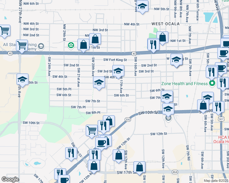 map of restaurants, bars, coffee shops, grocery stores, and more near 1716 Southwest 6th Street in Ocala
