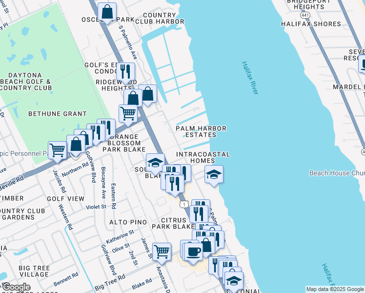 map of restaurants, bars, coffee shops, grocery stores, and more near 151 Reef Road in South Daytona