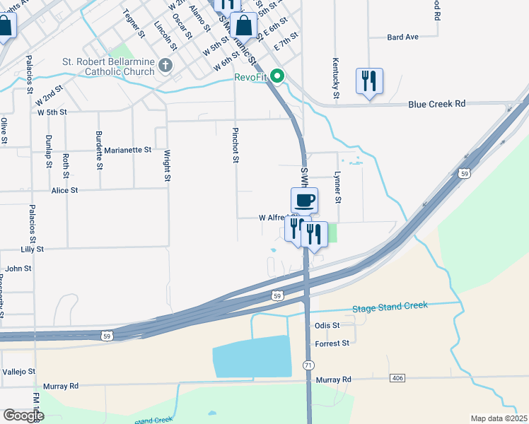 map of restaurants, bars, coffee shops, grocery stores, and more near 303 West Alfred Street in El Campo