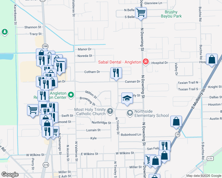 map of restaurants, bars, coffee shops, grocery stores, and more near 2005 North Rockisland Street in Angleton