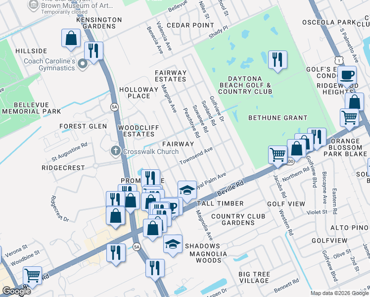 map of restaurants, bars, coffee shops, grocery stores, and more near 1337 Mardrake Road in Daytona Beach