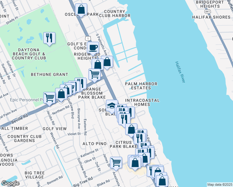 map of restaurants, bars, coffee shops, grocery stores, and more near 1685 South Ridgewood Avenue in South Daytona