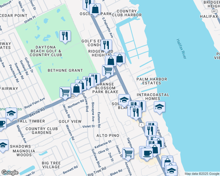 map of restaurants, bars, coffee shops, grocery stores, and more near 321 Rutledge Avenue in South Daytona