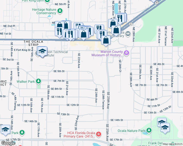 map of restaurants, bars, coffee shops, grocery stores, and more near 2240 Southeast 5th Street in Ocala