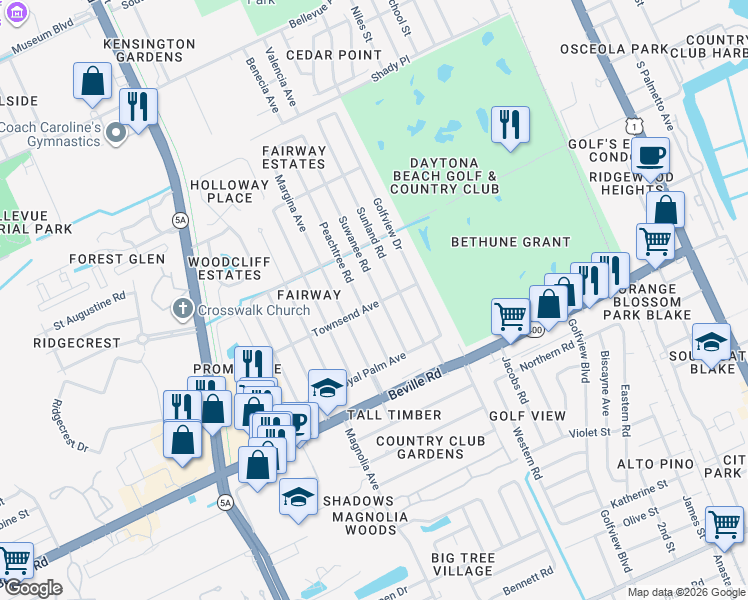 map of restaurants, bars, coffee shops, grocery stores, and more near 1325 Peachtree Road in Daytona Beach