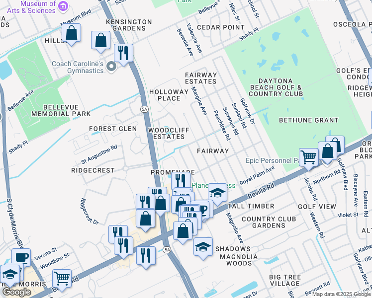map of restaurants, bars, coffee shops, grocery stores, and more near 104 Jessica Drive in Daytona Beach