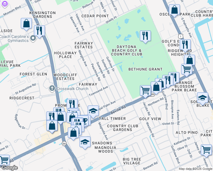 map of restaurants, bars, coffee shops, grocery stores, and more near 1325 Peachtree Road in Daytona Beach