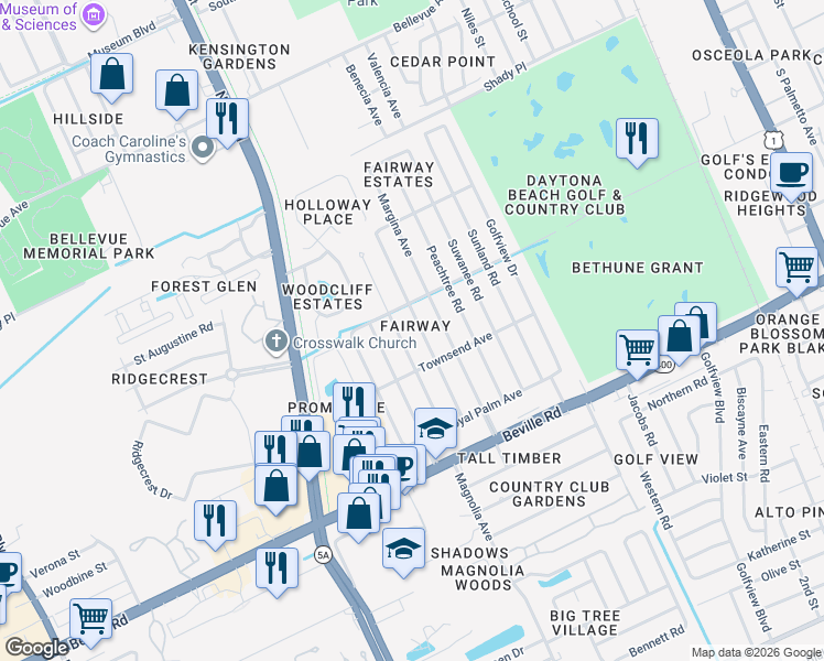 map of restaurants, bars, coffee shops, grocery stores, and more near 1301 Ruthbern Road in Daytona Beach