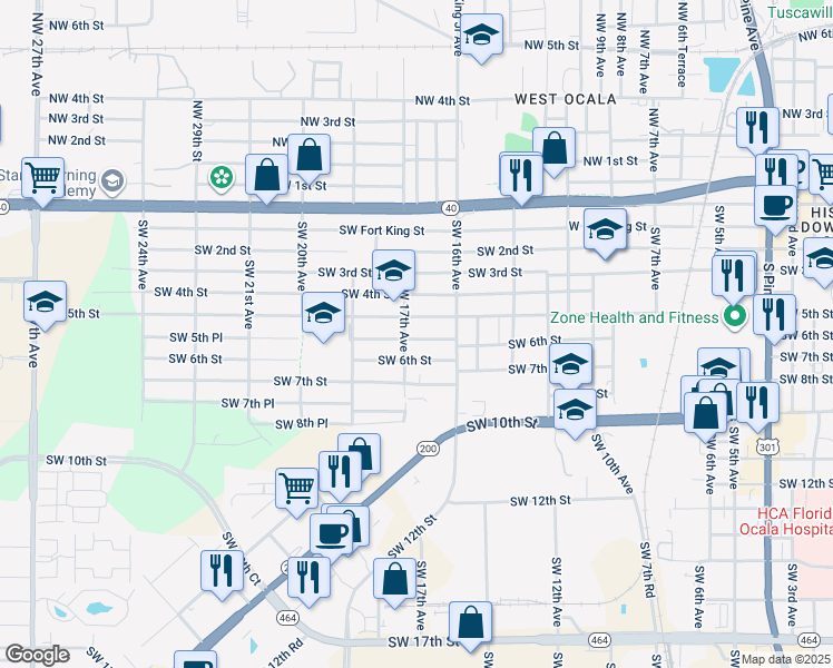 map of restaurants, bars, coffee shops, grocery stores, and more near 1639 Southwest 5th Street in Ocala