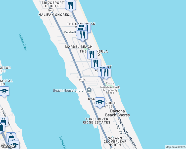 map of restaurants, bars, coffee shops, grocery stores, and more near 2624 South Atlantic Avenue in Daytona Beach