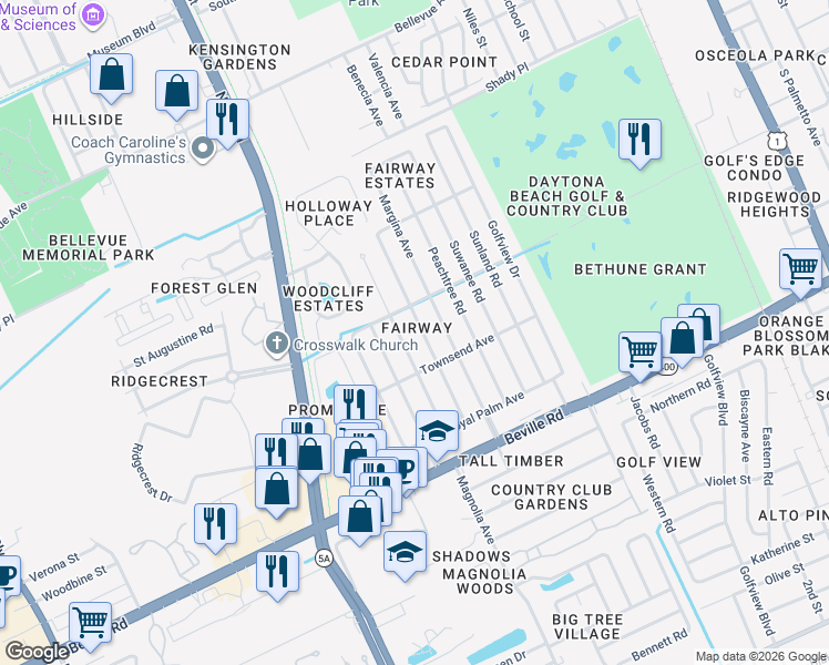 map of restaurants, bars, coffee shops, grocery stores, and more near 1301 Ruthbern Road in Daytona Beach