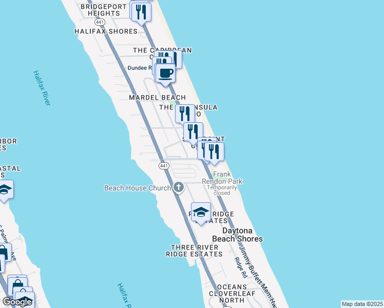 map of restaurants, bars, coffee shops, grocery stores, and more near 2624 South Atlantic Avenue in Daytona Beach