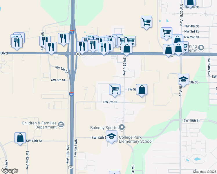 map of restaurants, bars, coffee shops, grocery stores, and more near 19 Southwest 4th Street in Ocala