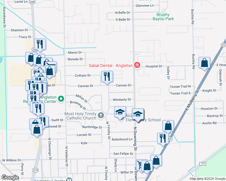 map of restaurants, bars, coffee shops, grocery stores, and more near 909 Meadowlane Street in Angleton