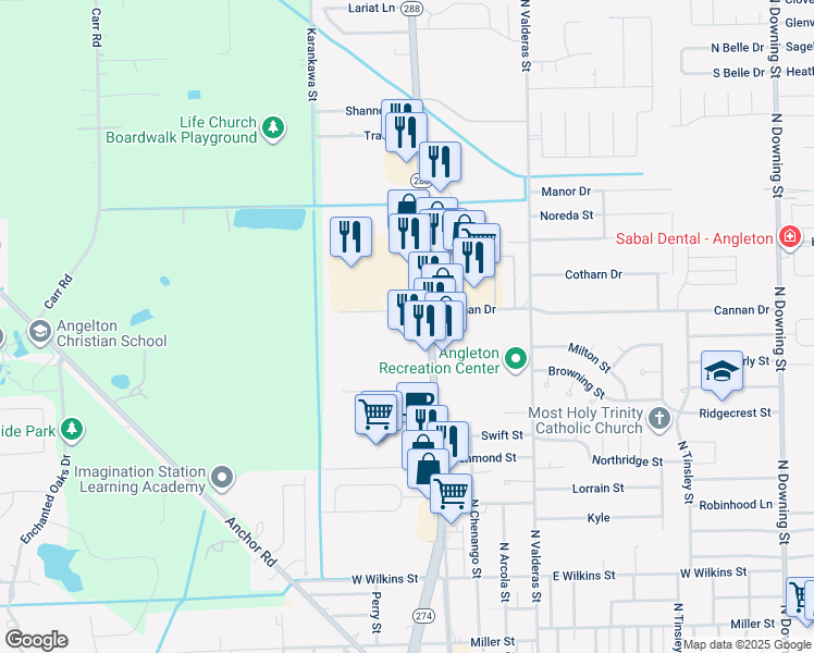 map of restaurants, bars, coffee shops, grocery stores, and more near 1717 North Velasco Street in Angleton
