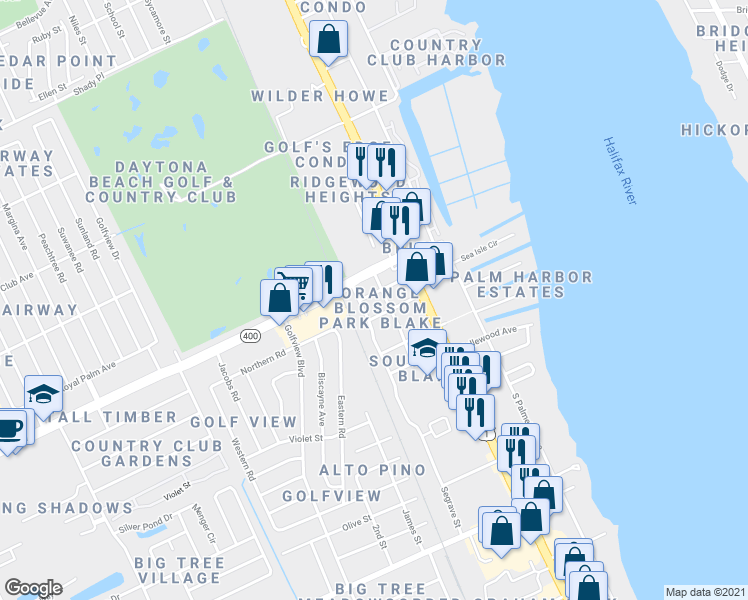 map of restaurants, bars, coffee shops, grocery stores, and more near 345 Beville Road in South Daytona