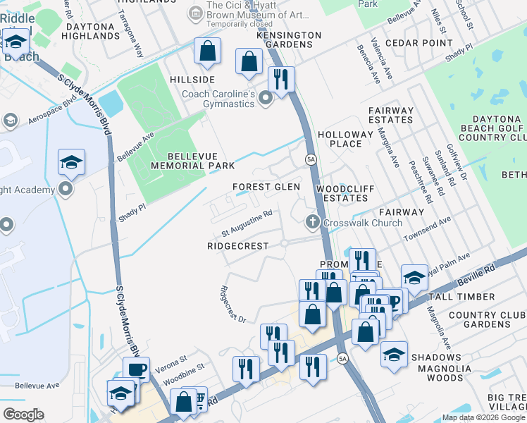 map of restaurants, bars, coffee shops, grocery stores, and more near 133 Oak Tree Circle in Daytona Beach