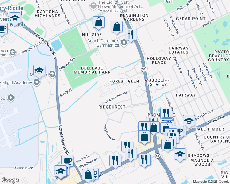 map of restaurants, bars, coffee shops, grocery stores, and more near 408 Sheila Avenue in Daytona Beach