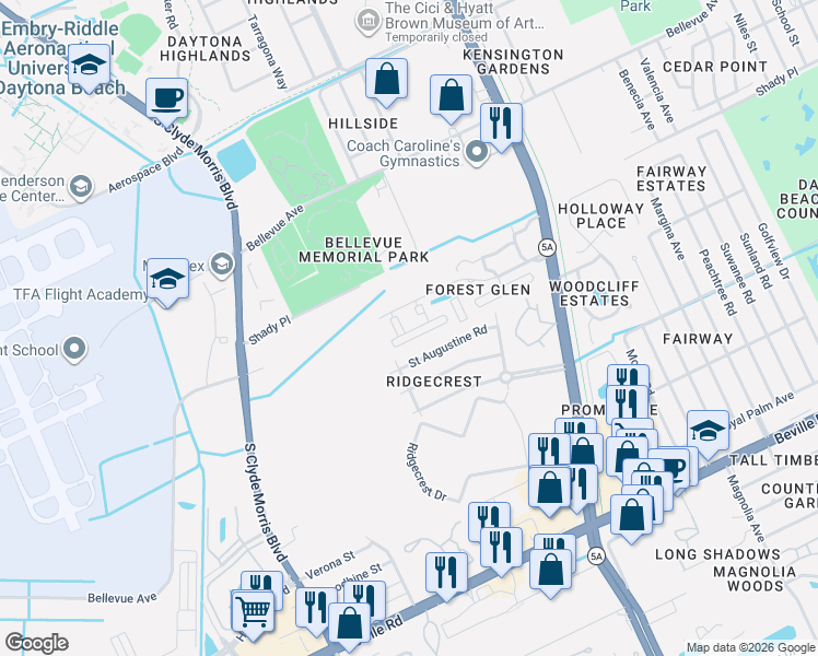 map of restaurants, bars, coffee shops, grocery stores, and more near 628 Arnold Drive in Daytona Beach