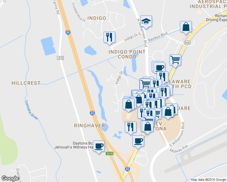 map of restaurants, bars, coffee shops, grocery stores, and more near 128 Sawgrass Circle in Daytona Beach
