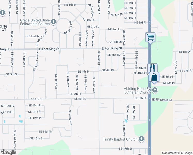 map of restaurants, bars, coffee shops, grocery stores, and more near 405 Southeast 52nd Avenue in Ocala