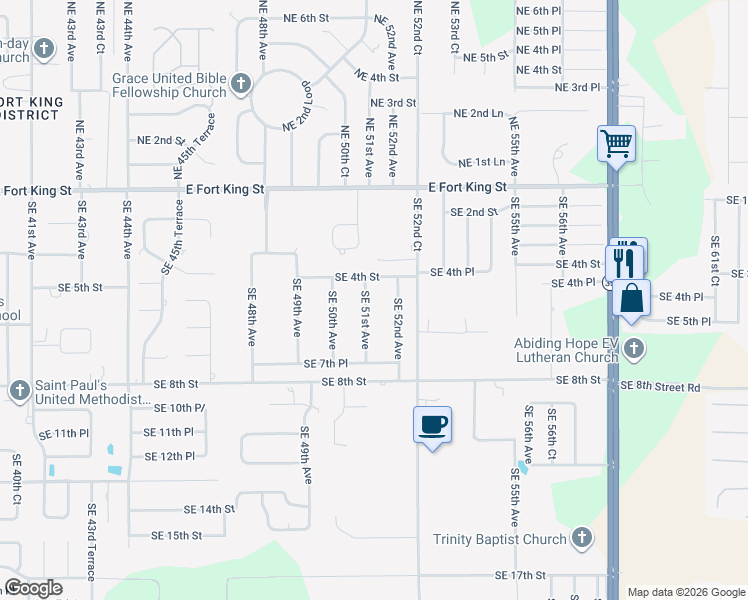 map of restaurants, bars, coffee shops, grocery stores, and more near 404 Southeast 52nd Avenue in Ocala