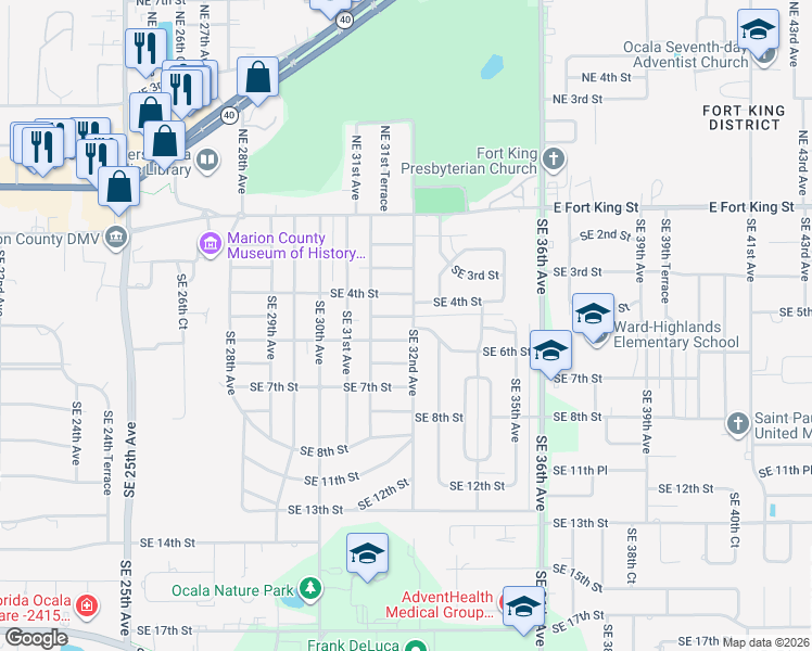 map of restaurants, bars, coffee shops, grocery stores, and more near 3175 Southeast 5th Street in Ocala