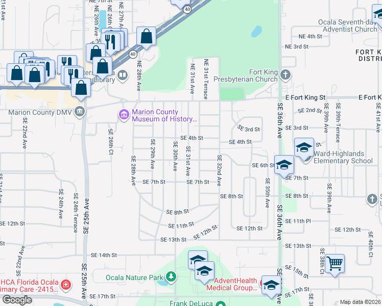map of restaurants, bars, coffee shops, grocery stores, and more near 428 Southeast 31st Avenue in Ocala