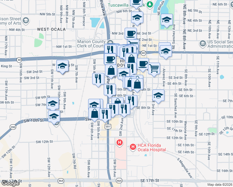 map of restaurants, bars, coffee shops, grocery stores, and more near 509 South Pine Avenue in Ocala