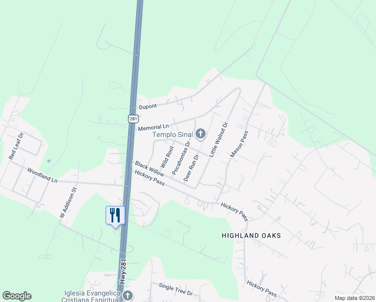 map of restaurants, bars, coffee shops, grocery stores, and more near 23003 Pocahontas in San Antonio