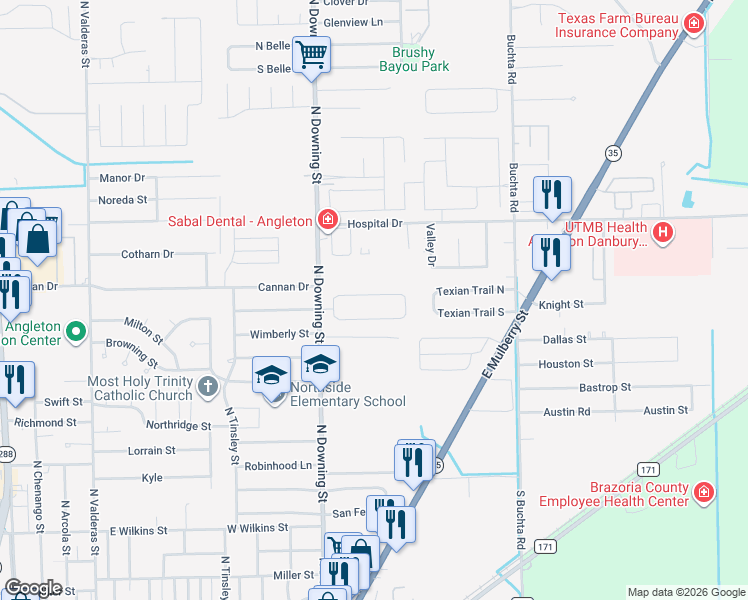 map of restaurants, bars, coffee shops, grocery stores, and more near 28 Alexander Court in Angleton