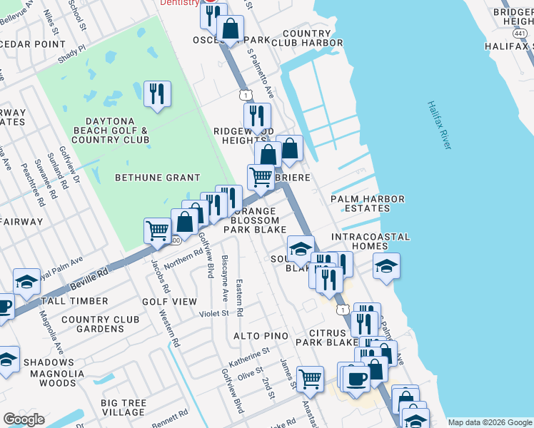 map of restaurants, bars, coffee shops, grocery stores, and more near 1614 Jones Street in South Daytona
