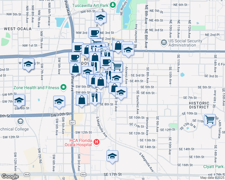 map of restaurants, bars, coffee shops, grocery stores, and more near 114 Southeast 5th Street in Ocala