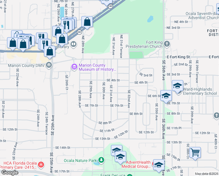 map of restaurants, bars, coffee shops, grocery stores, and more near 428 Southeast 31st Avenue in Ocala