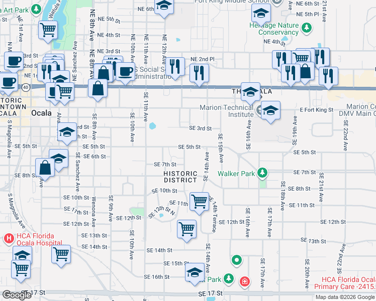 map of restaurants, bars, coffee shops, grocery stores, and more near 1308 SE 5th St in Ocala