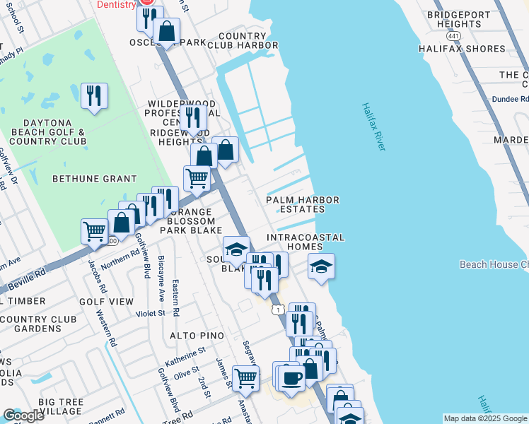 map of restaurants, bars, coffee shops, grocery stores, and more near 1648 South Palmetto Avenue in South Daytona
