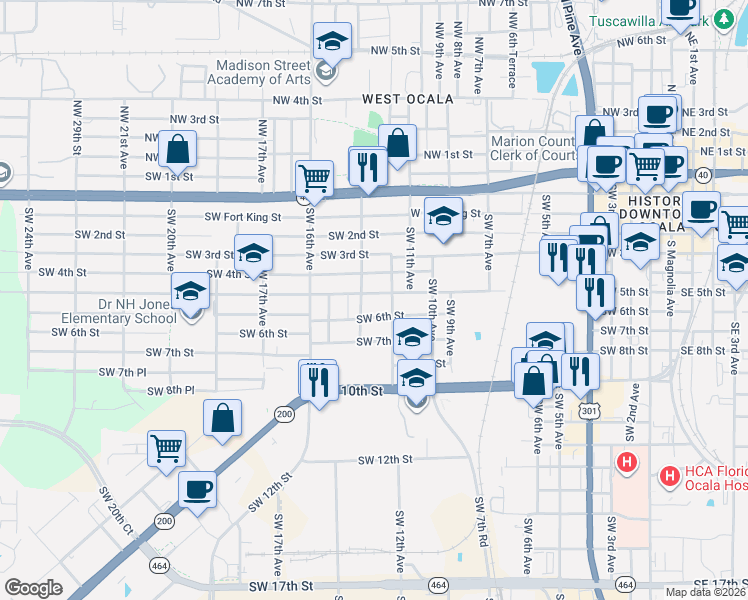 map of restaurants, bars, coffee shops, grocery stores, and more near 512 Southwest 12th Avenue in Ocala