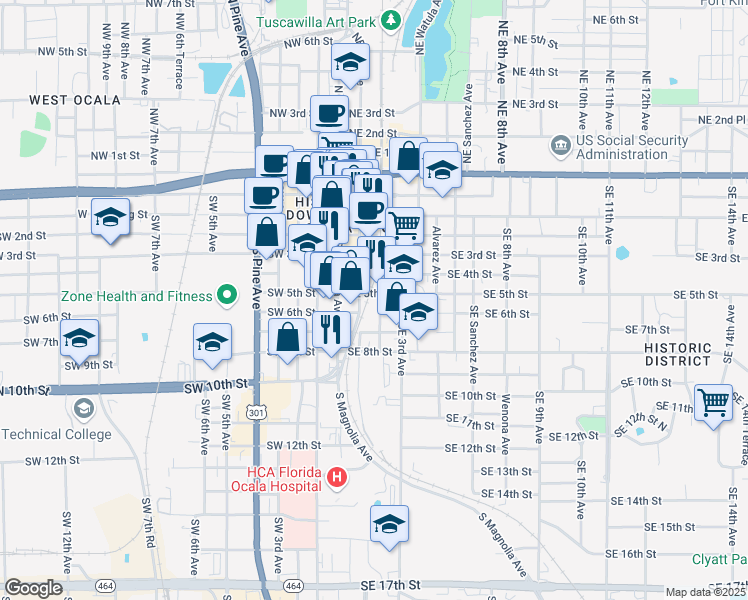 map of restaurants, bars, coffee shops, grocery stores, and more near 114 Southeast 5th Street in Ocala