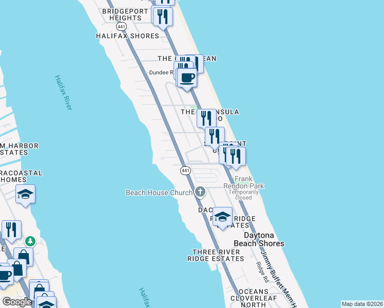 map of restaurants, bars, coffee shops, grocery stores, and more near 150 Florida Shores Boulevard in Daytona Beach Shores