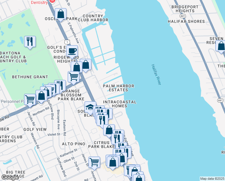 map of restaurants, bars, coffee shops, grocery stores, and more near 142 Reef Road in South Daytona